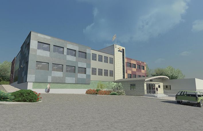 An artist 's impression of a large building with a truck parked in front of it.