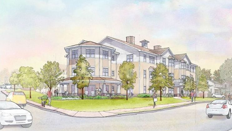 A drawing of a large building with cars parked in front of it.