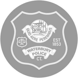 A waterbury police ct logo with a shield and ribbon