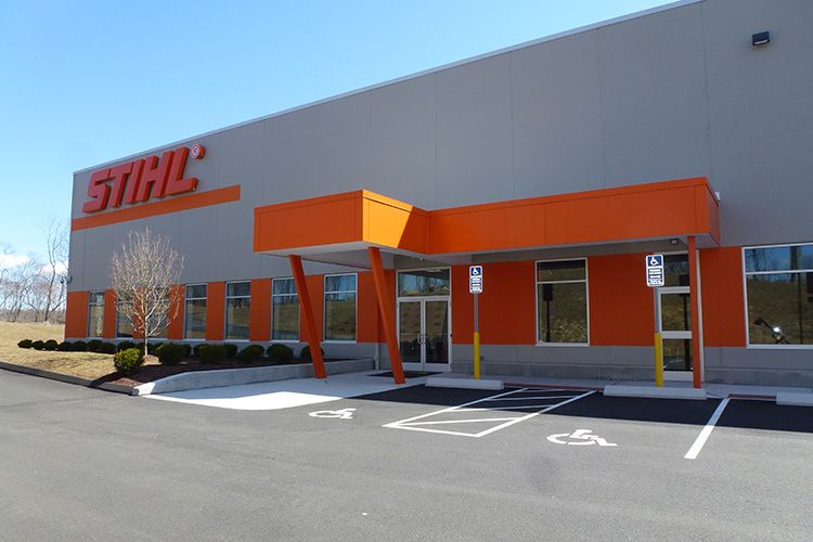 A photo of the Stihl building and parking area.
