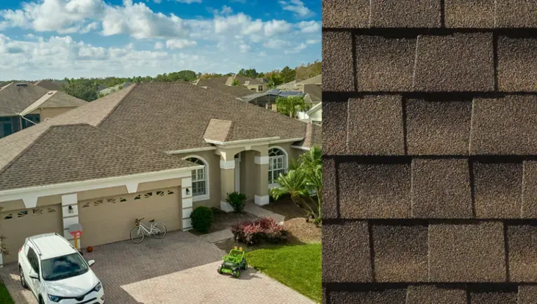 Suburban house with tan shingle roof and a close-up of brown asphalt roof shingles against blue sky
