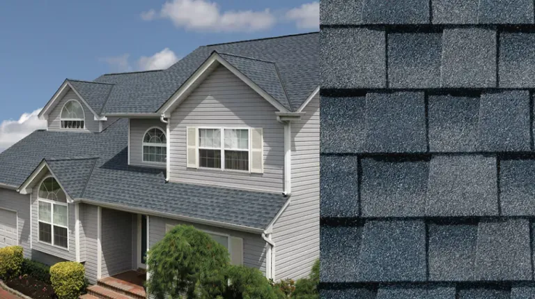 Gray suburban house with dark roof shingles, shown beside a close-up of textured gray roof tiles.