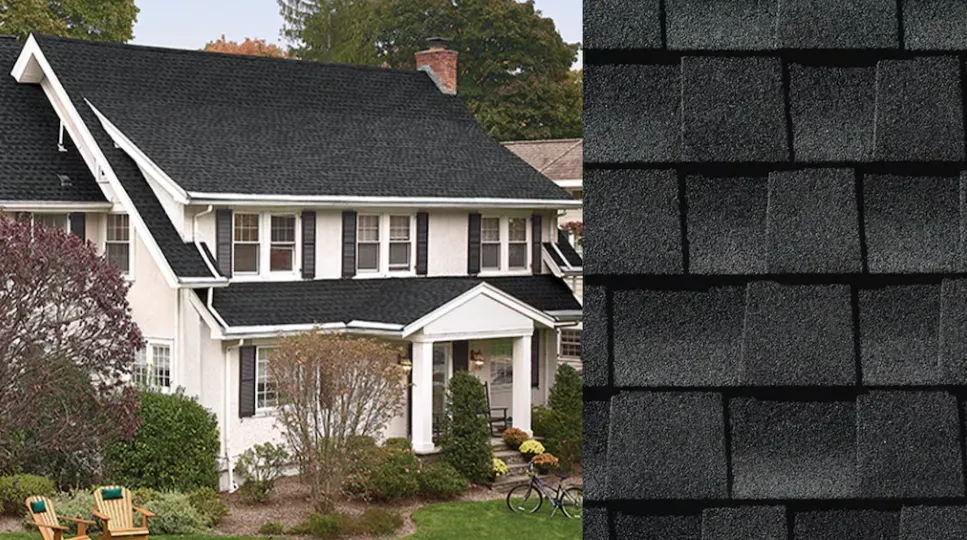Two-story house with dark gray shingle roof and white trim, beside a close-up of dark roof shingles