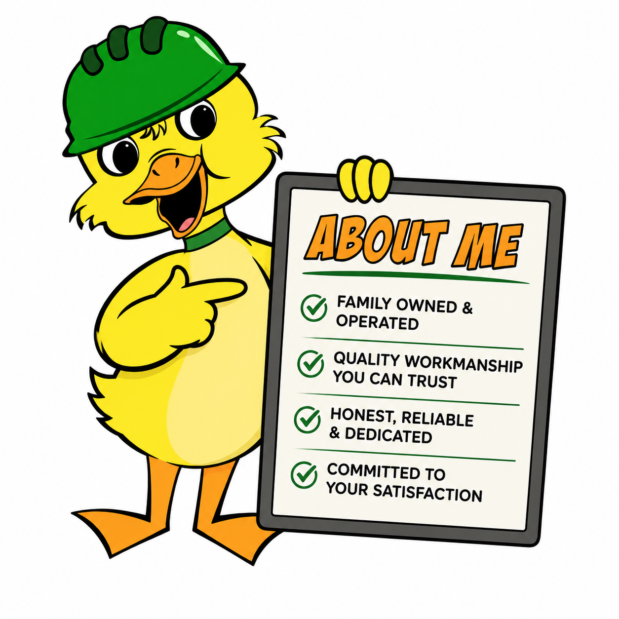 Sure Roofing Exteriors logo with a yellow duck in a green hard hat holding a hammer and a shield