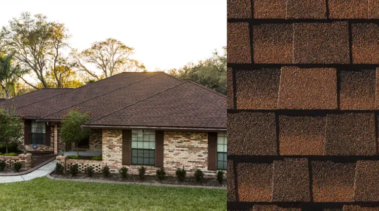 Brick house with dark shingle roof, shown beside a close-up of brown asphalt roof shingles.
