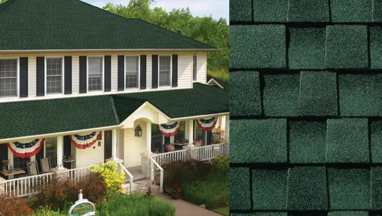 House with green shingle roof and patriotic bunting, shown beside a close-up of green roof shingles.