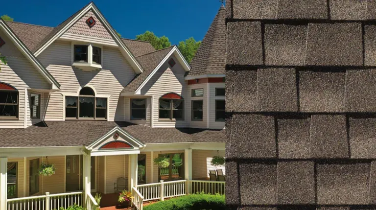 Suburban house with gray siding and shingled roof beside a close-up of brown roof shingles.