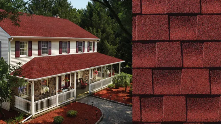 House with red roof and white porch, shown beside a close-up of red shingle roofing.