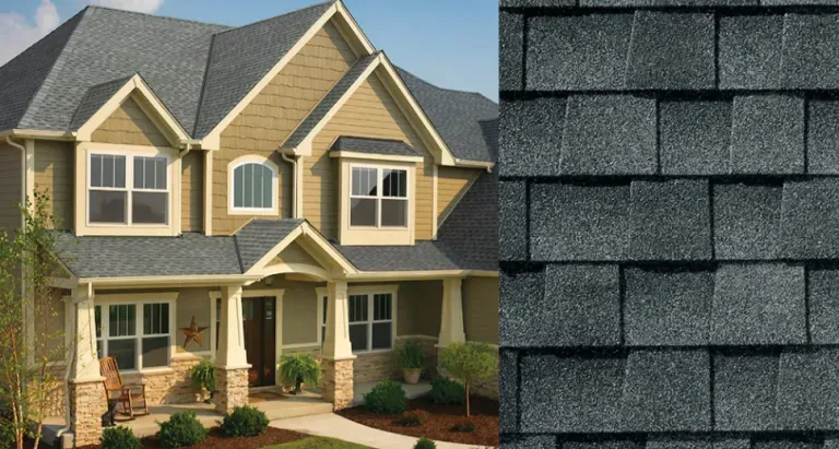 Two-story beige house with dormer windows beside a close-up of gray roof shingles