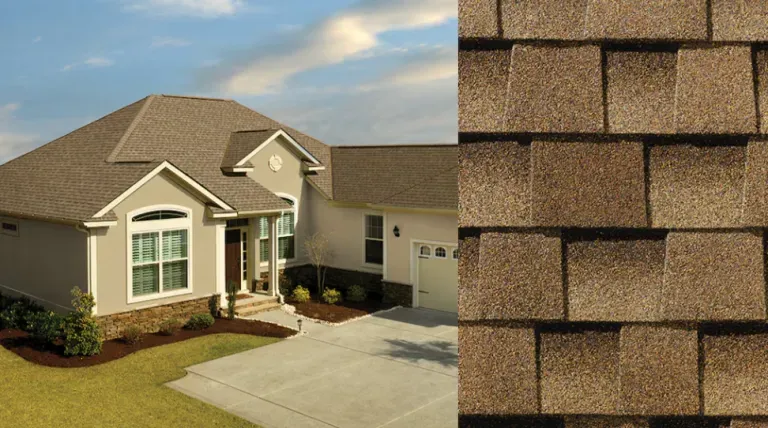 Suburban house exterior with tan roof and driveway, beside a close-up of brown roof shingles