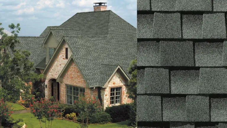 Suburban house with gray shingle roof, shown beside a close-up of matching roof shingles.