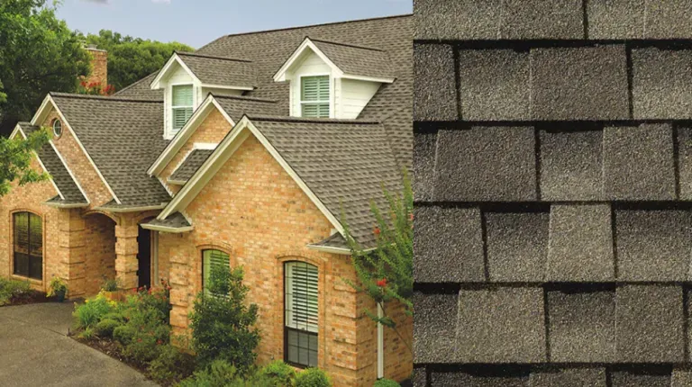Brick houses with gray shingle roofs beside a close-up of asphalt roof shingles