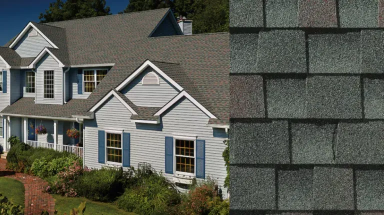 Suburban house with gray siding and blue shutters beside a close-up of gray asphalt roof shingles