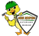 Cartoon duck roofer in green hard hat holding a hammer beside a Sure Roofing Exteriors shield logo