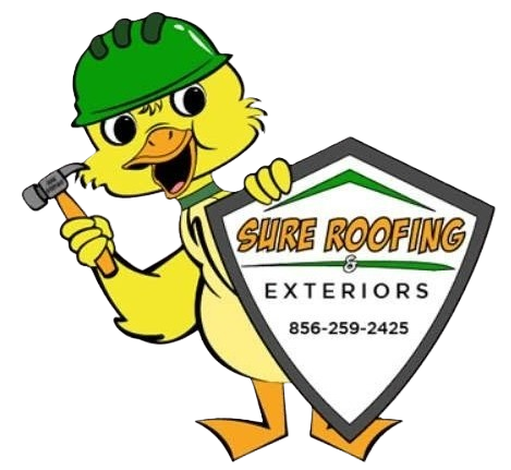 Cartoon duck roofer in green hard hat holding a hammer beside a Sure Roofing Exteriors shield logo