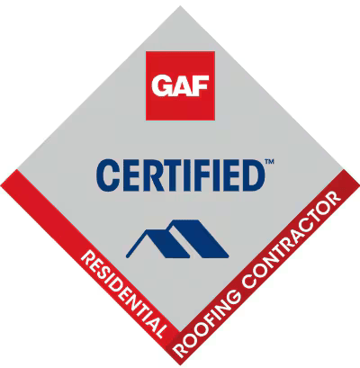 GAF Certified Residential Roofing Contractor badge in red, white, and blue diamond design