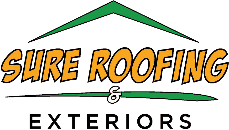 Cartoon duck roofer in green hard hat holding a hammer beside a Sure Roofing Exteriors shield logo