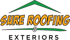 Cartoon duck roofer in green hard hat holding a hammer beside a Sure Roofing Exteriors shield logo