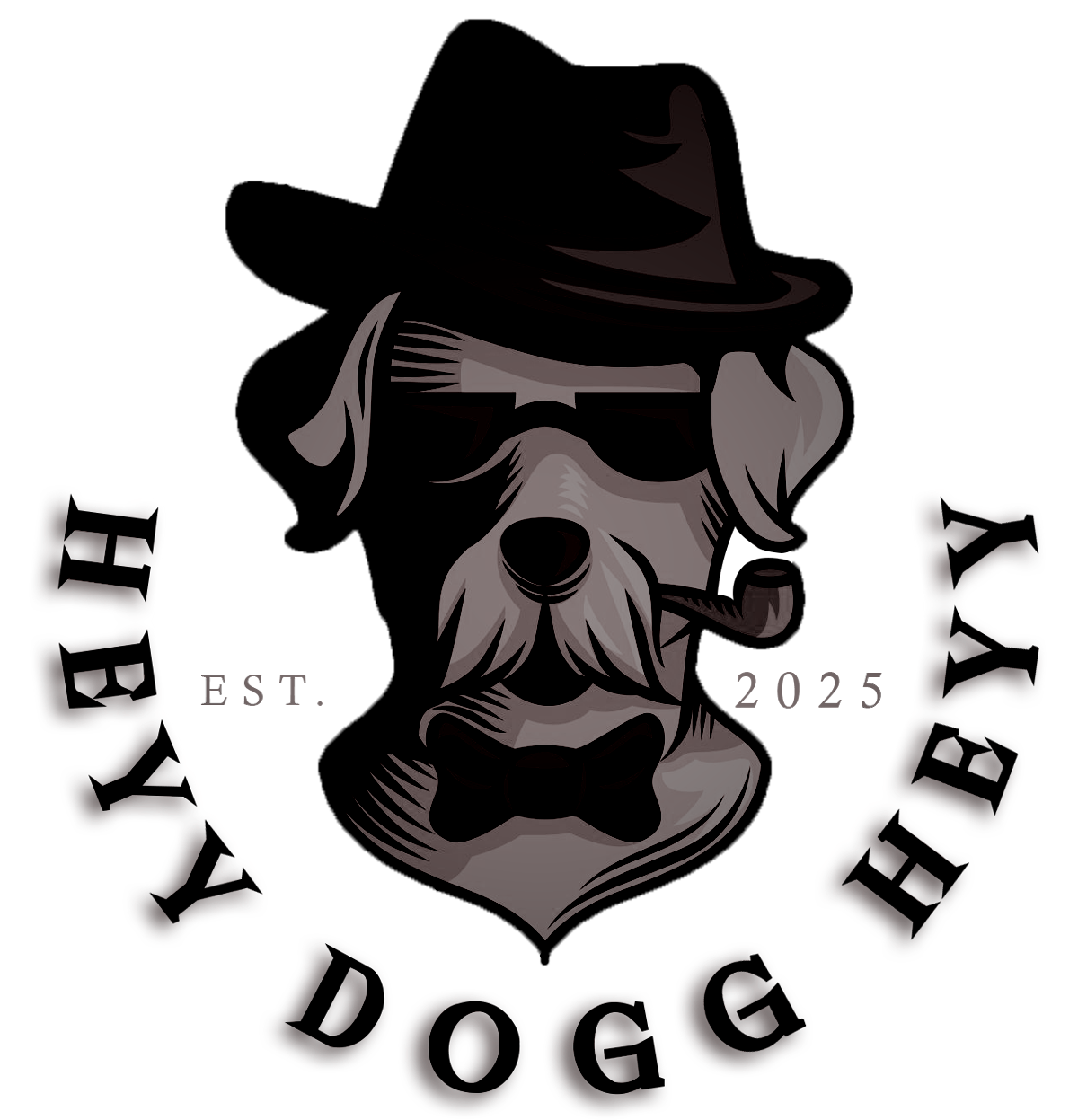 Stylized dog logo in a black fedora, with curved text reading “HEYY DOGG HEYY” around it