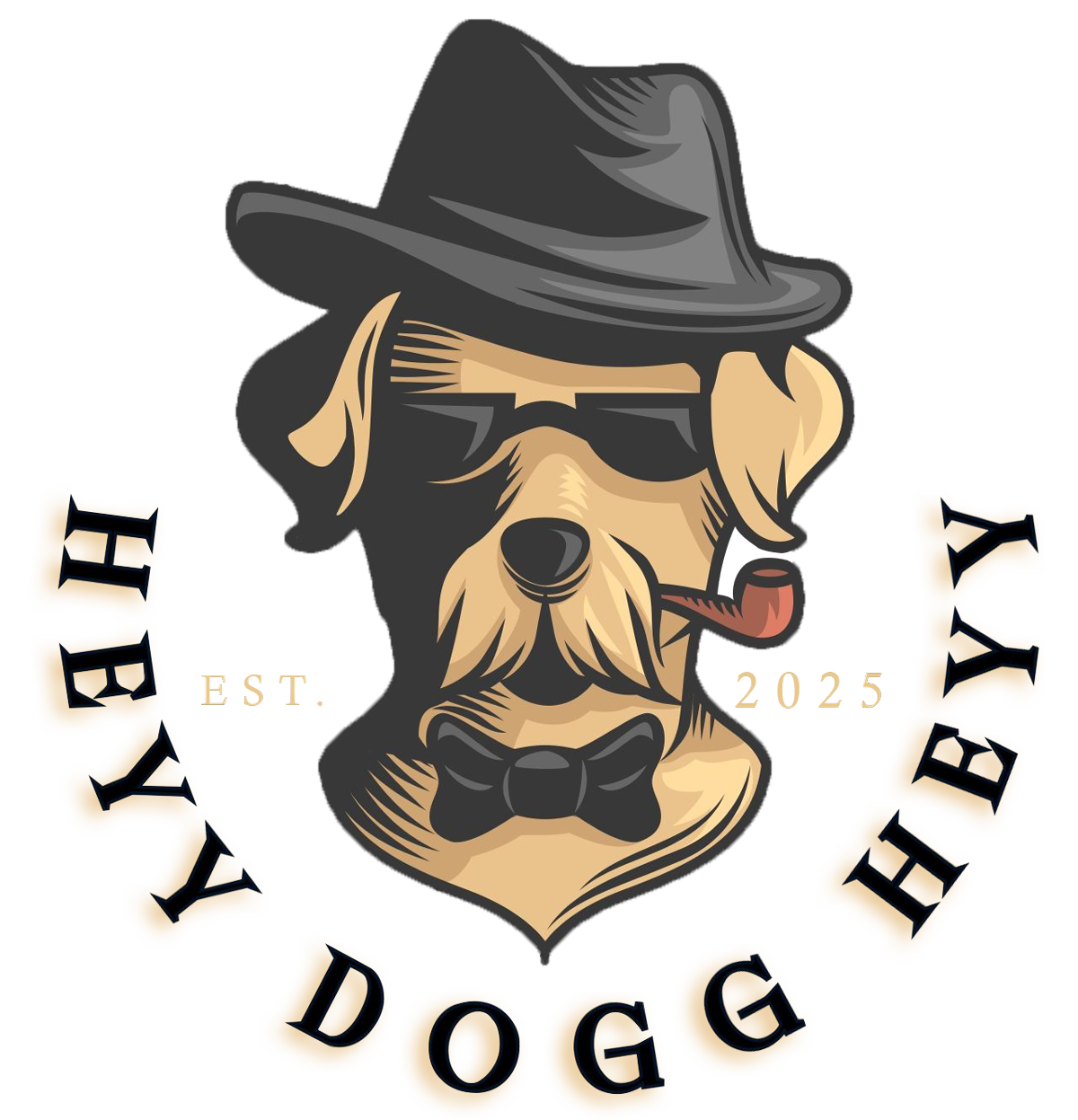 Stylized dog mascot in black hat and bow tie with text “HEY DOGGY” around it