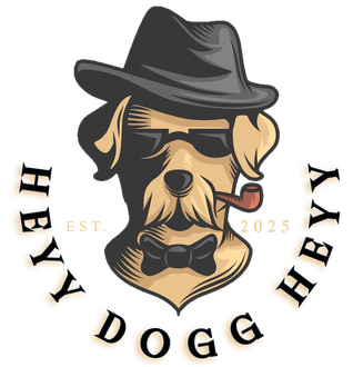 Stylized dog mascot in black hat and bow tie with text “HEY DOGGY” around it