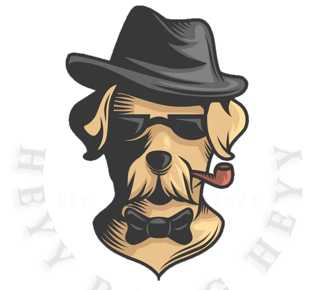 Stylized dog mascot in a black fedora, sunglasses, and bow tie, with a cigar and faint “DOGG” text.