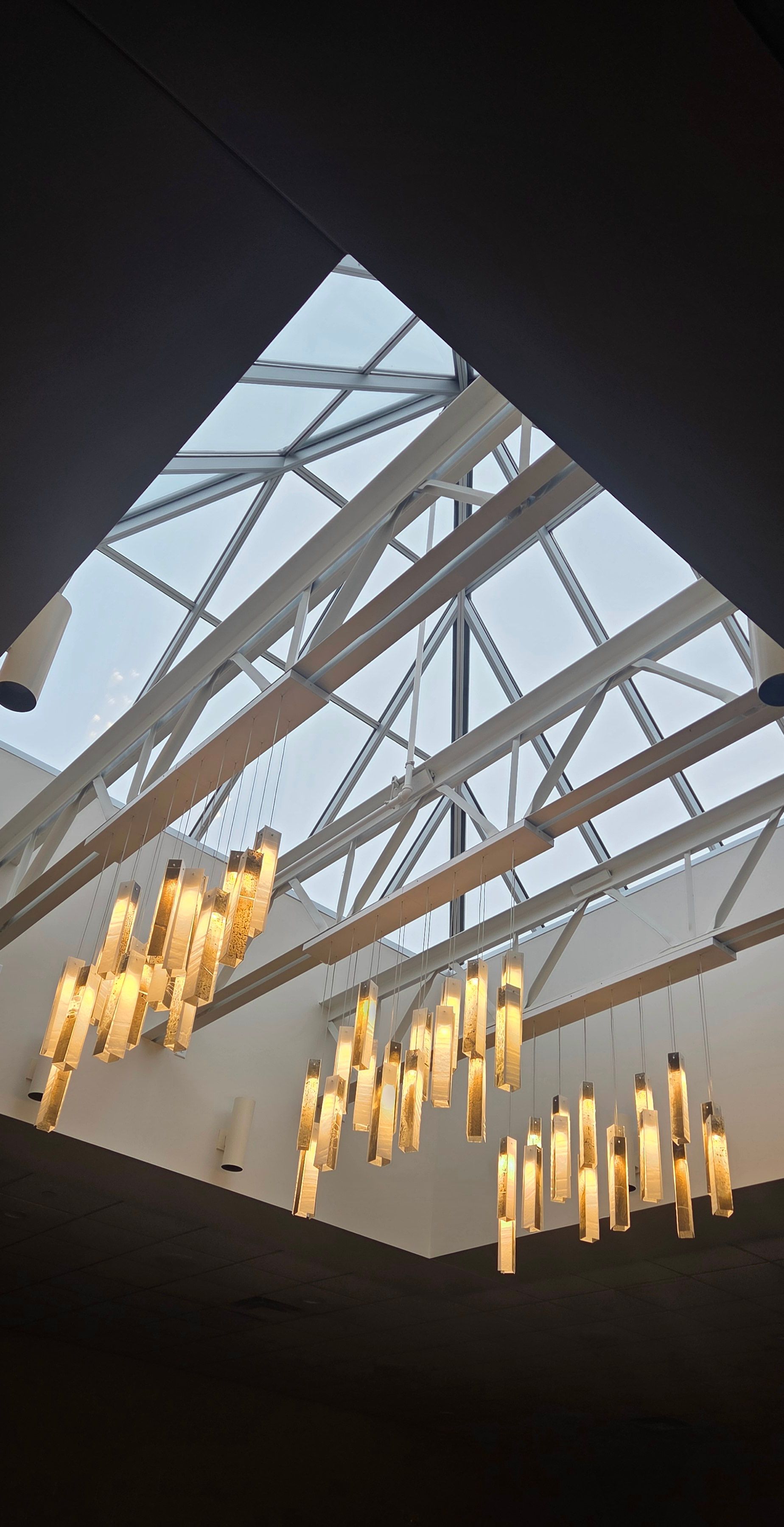 Looking up at a skylight in a building