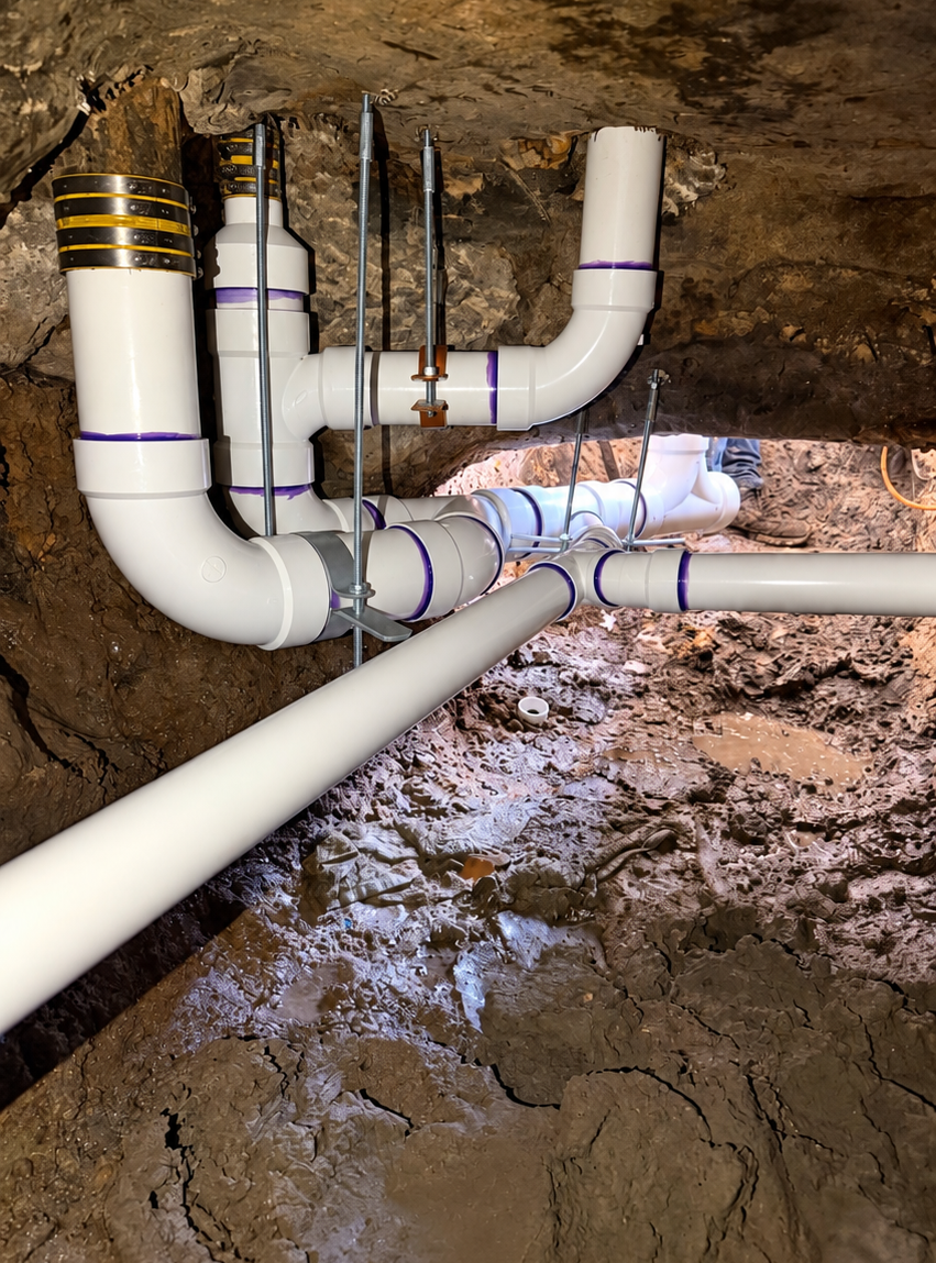 White PVC pipes and fittings installed along a rough dirt tunnel wall, with a flashlight-lit opening in the background