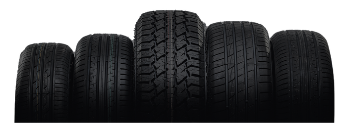 Five black car tires shown side by side, displaying different tread patterns | Autoworx