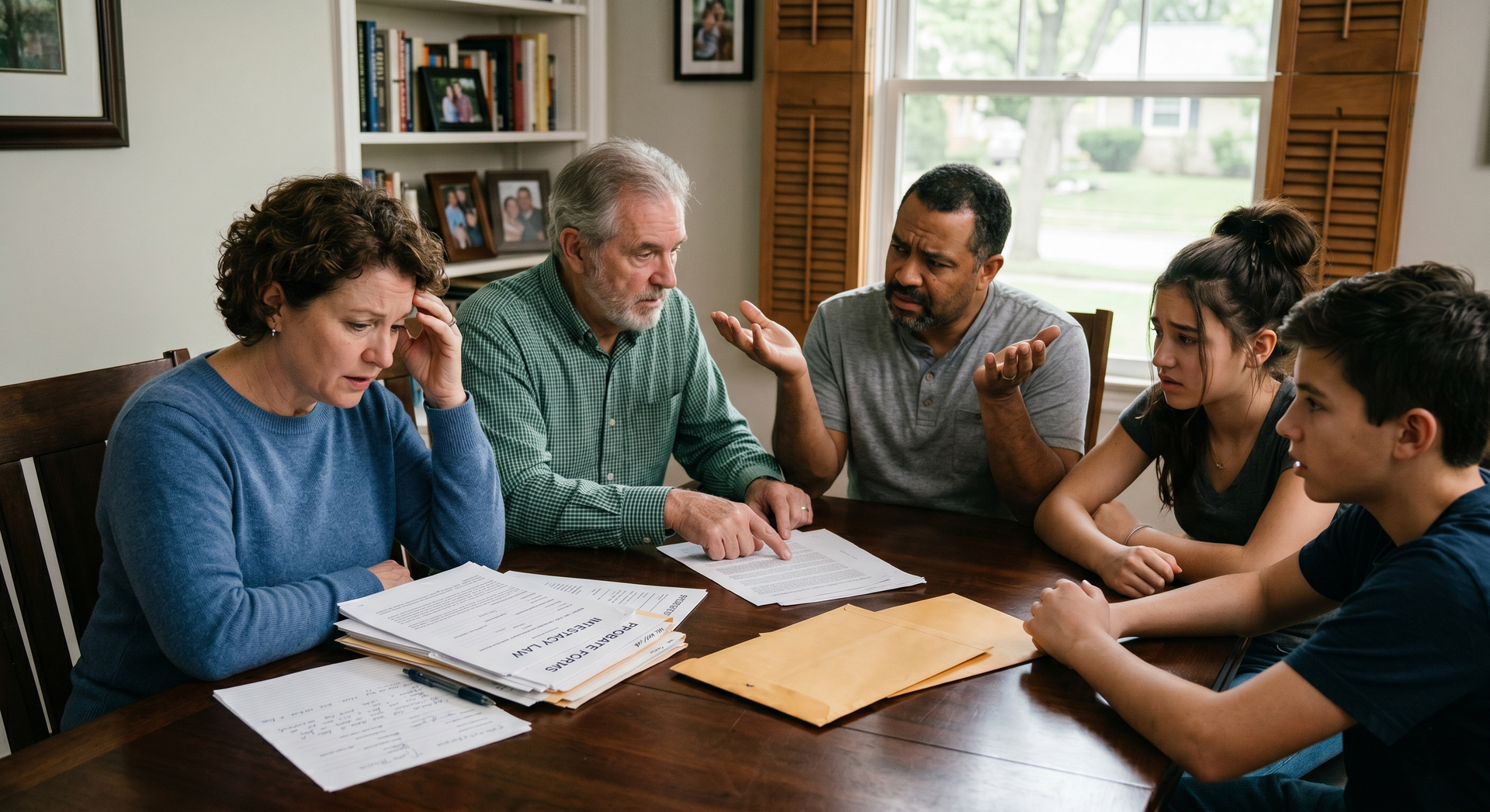 Four people discuss papers at a dining table in a bright living room.