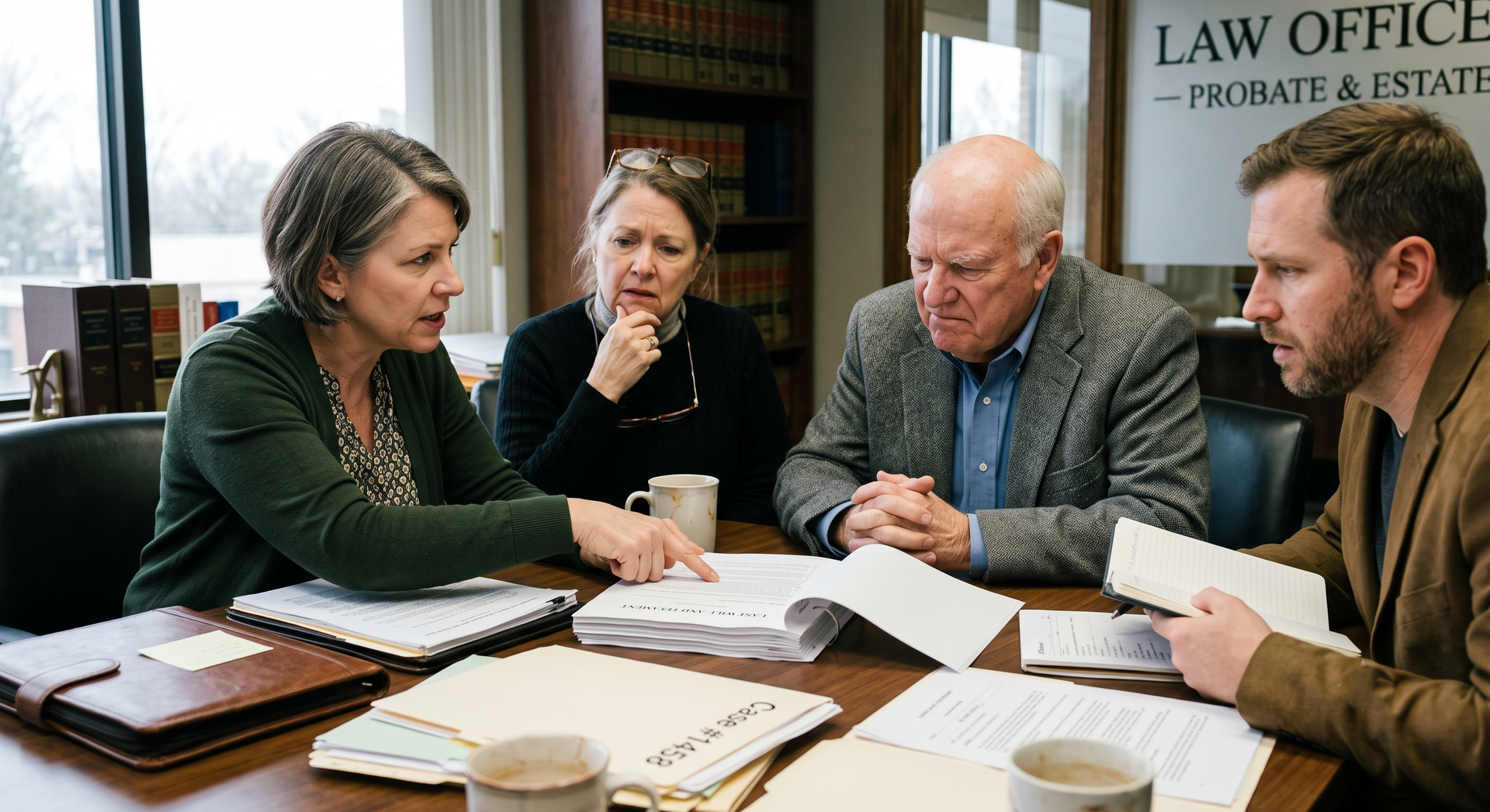 Law office meeting with four people reviewing documents around a table
