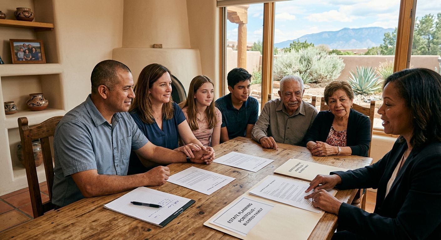 People seated around a wooden table reviewing documents in a bright room with mountain views.