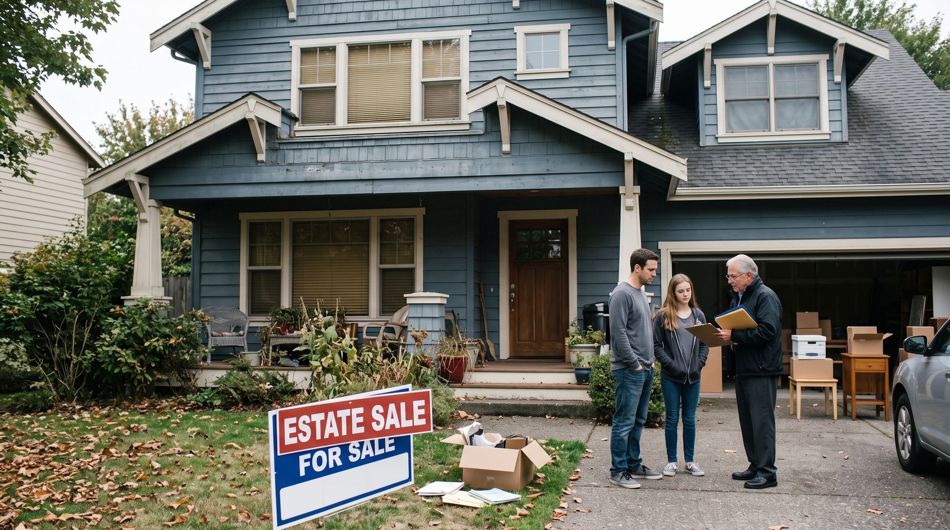 Estate sale outside a blue house, with a “For Sale” sign and people standing on the driveway.