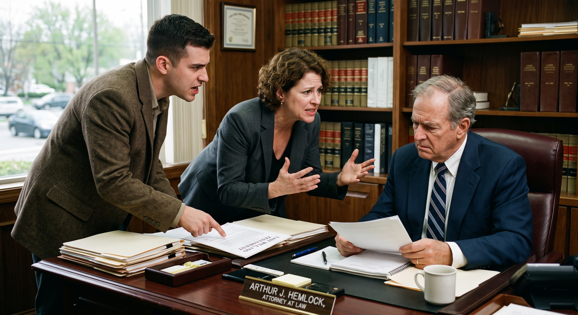 Three people discussing documents in a wood-paneled office behind a desk