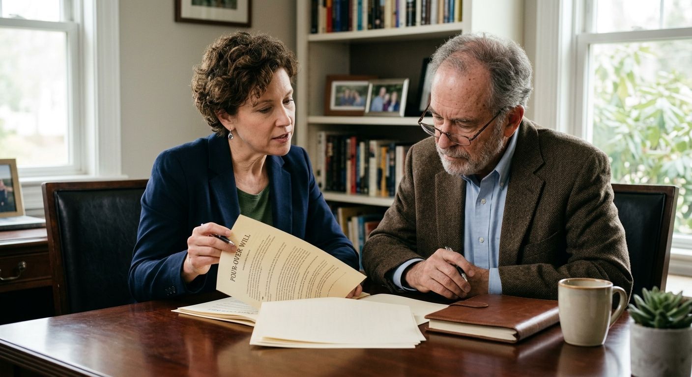 Two people reviewing papers at a wooden table in a bright office, with a mug and bookshelf nearby.