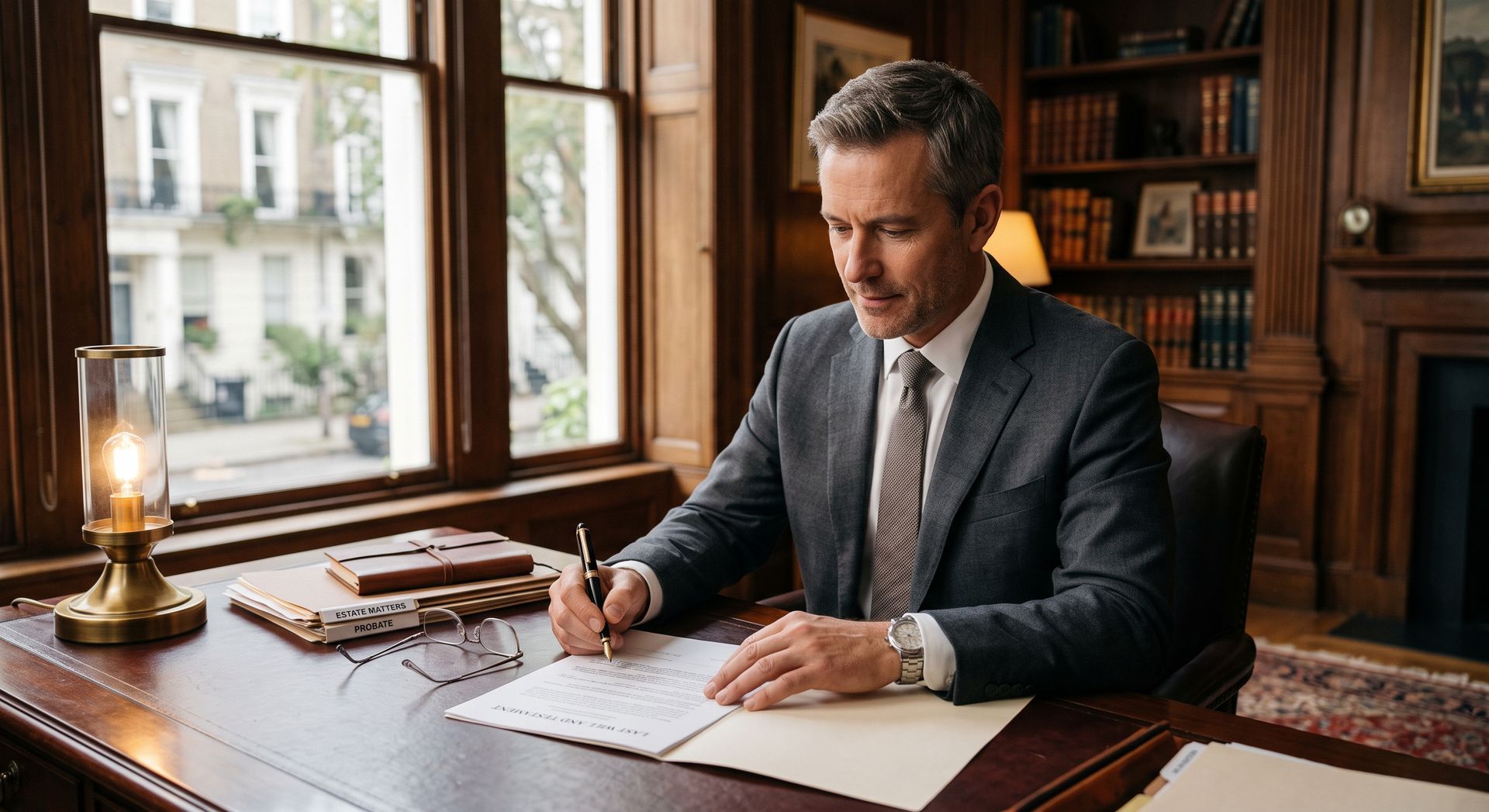 Man in a dark suit writing at a wooden desk beside a lamp, with bookshelves and a window in the background