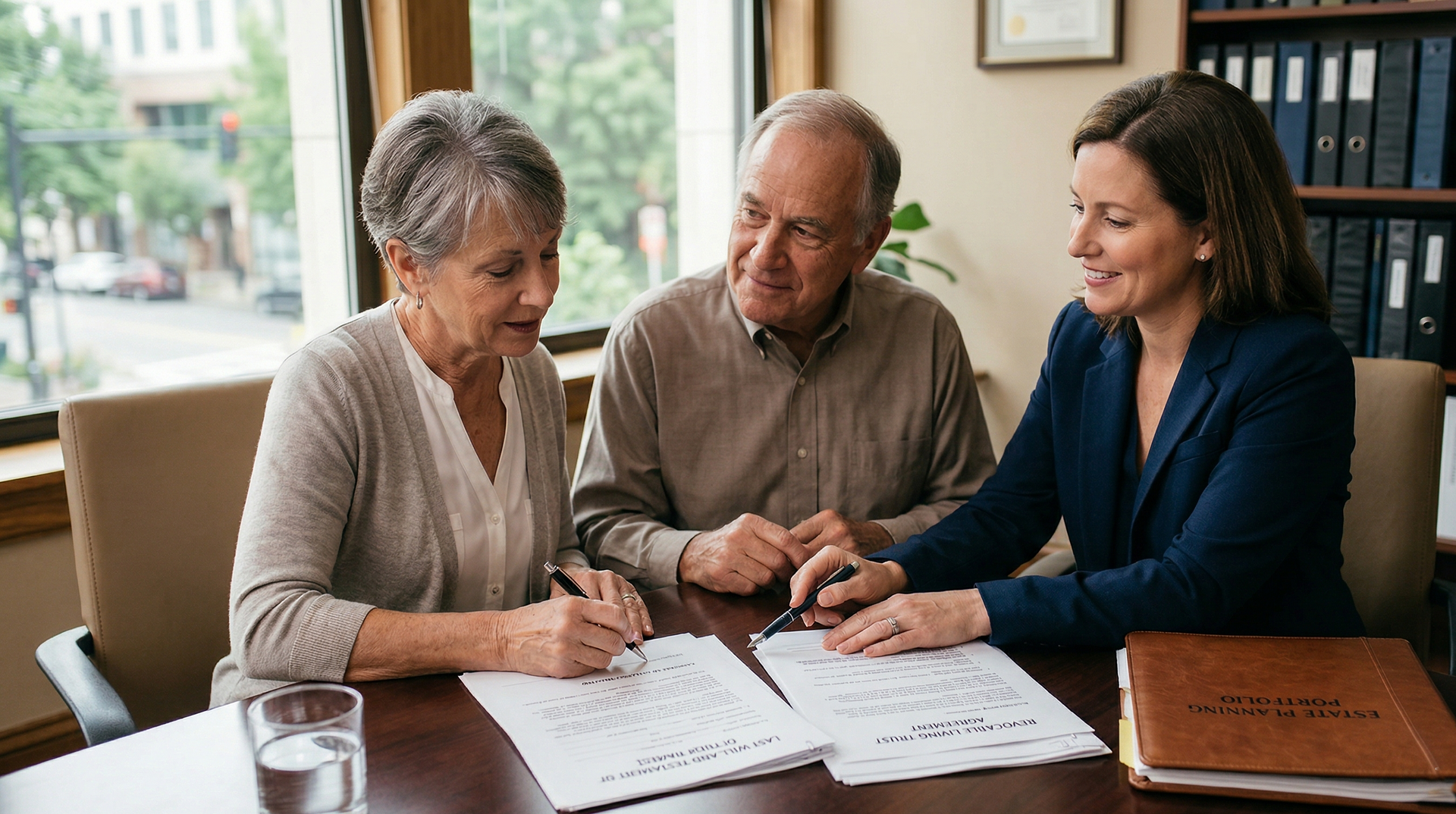 Three people review paperwork at a table in a bright office, with a laptop and binder nearby.