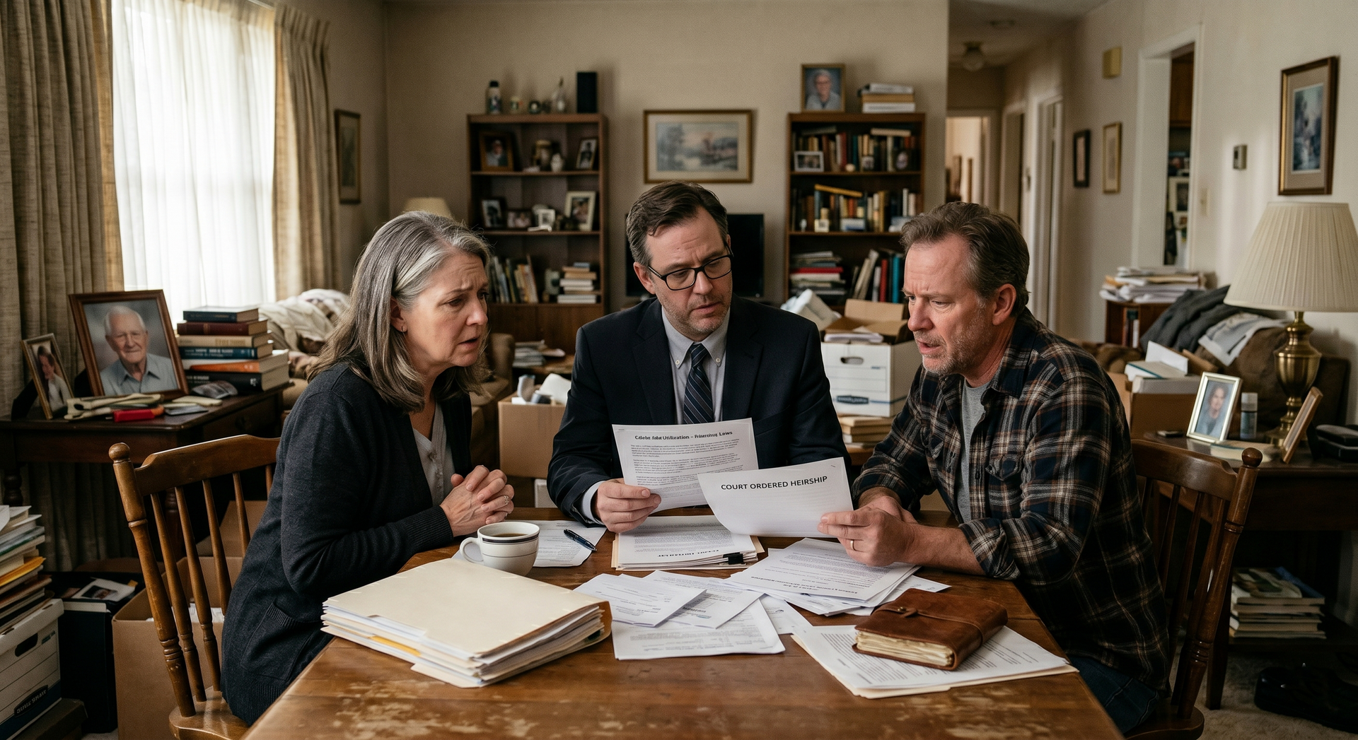 Three people review papers at a wooden table in a cozy living room.