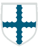 White shield with a teal cross, bordered by white scallops, inside a gray outline.