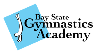 Bay State Gymnastics Academy logo with a blue tilted square and a gymnast silhouette