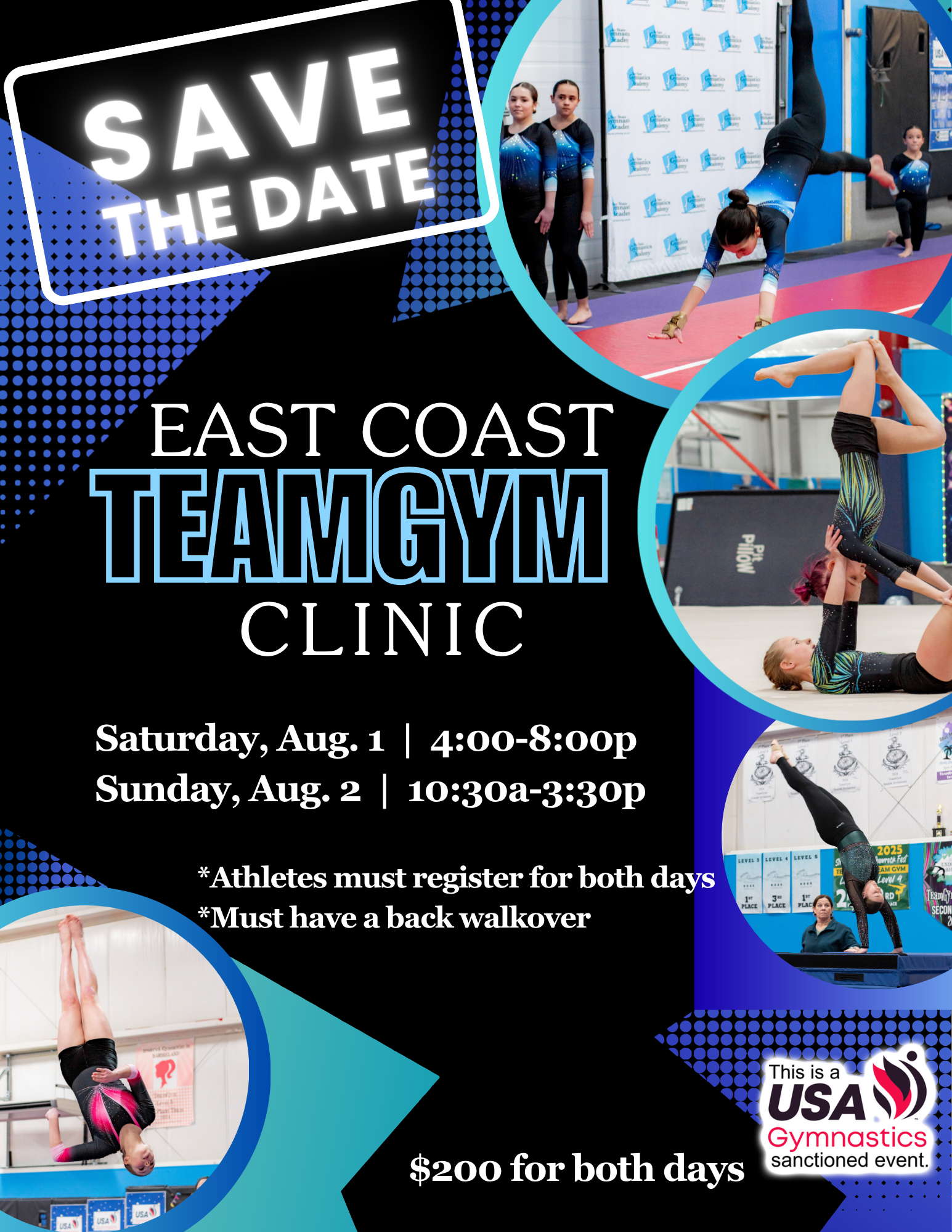 Save the Date: East Coast TeamGym Clinic poster with gymnastics photos, Aug. 1-2, 2026, in blue and black.