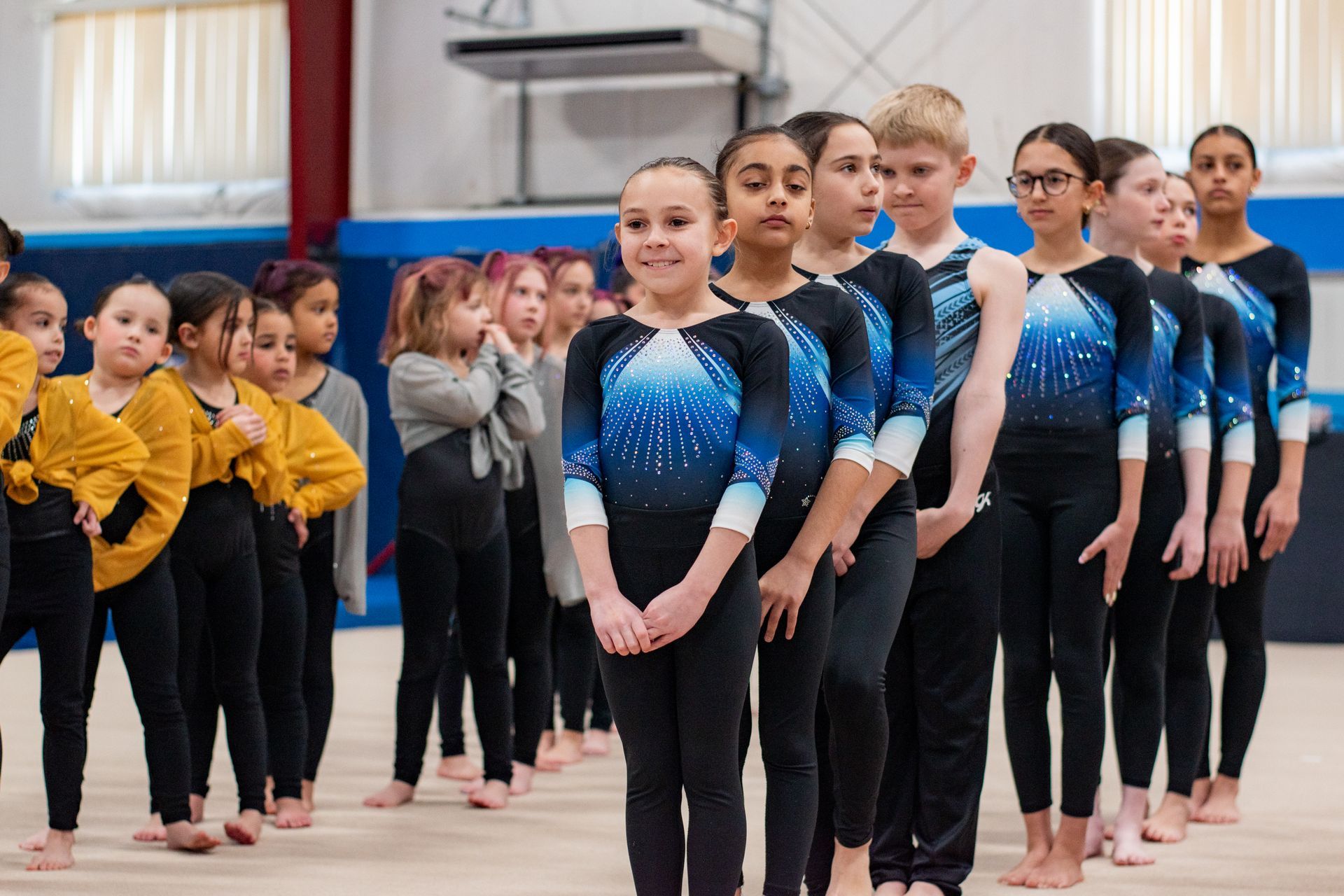 Gymnasts lined up in a studio, wearing blue and gold leotards, standing barefoot on a gym floor