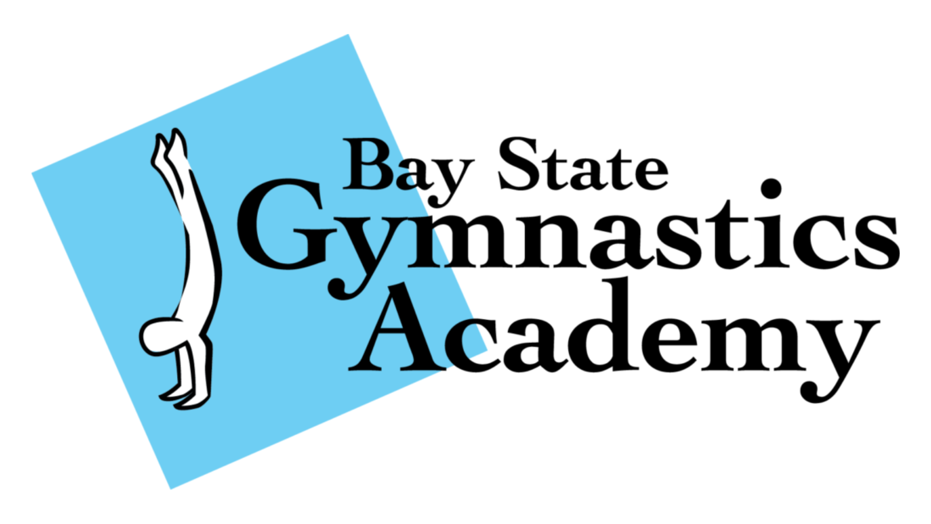 Bay State Gymnastics Academy logo with black text and a blue gymnast silhouette on a tilted blue square