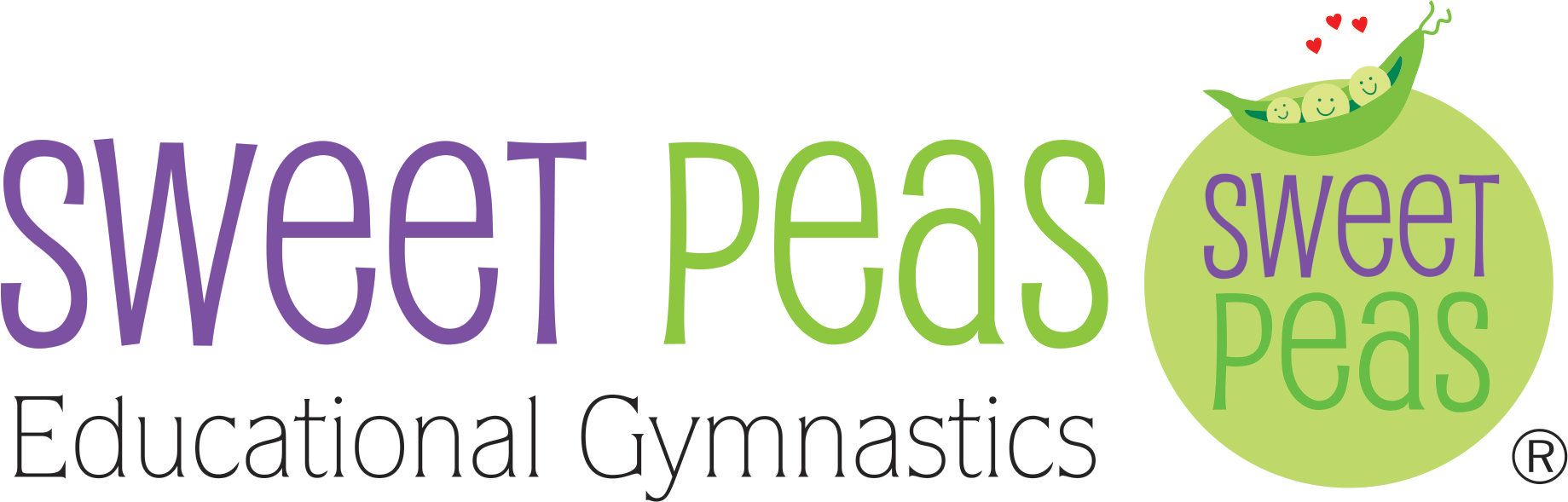 Sweet Peas Educational Gymnastics logo in purple and green with a smiling pea mascot