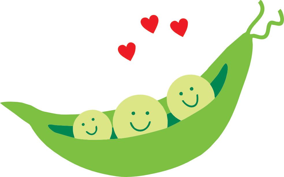 Three smiling peas in a green pod with red hearts above