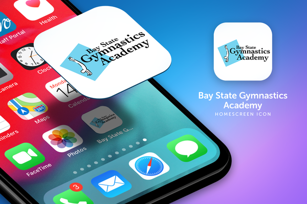 Smartphone app icon for Bay State Gymnastics Academy on a purple gradient background