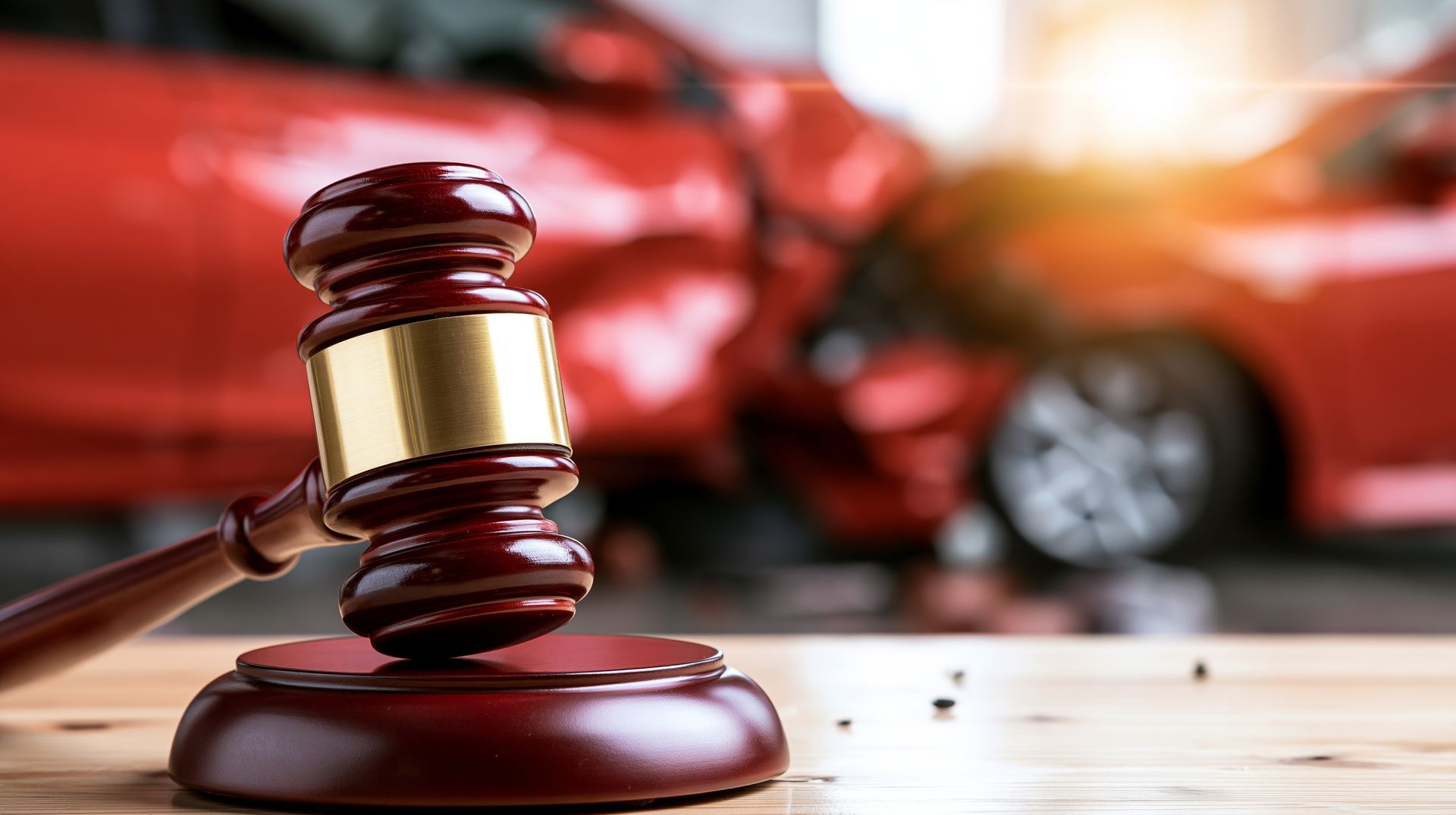 Gavel on a wooden desk in front of a damaged red car after an auto accident.