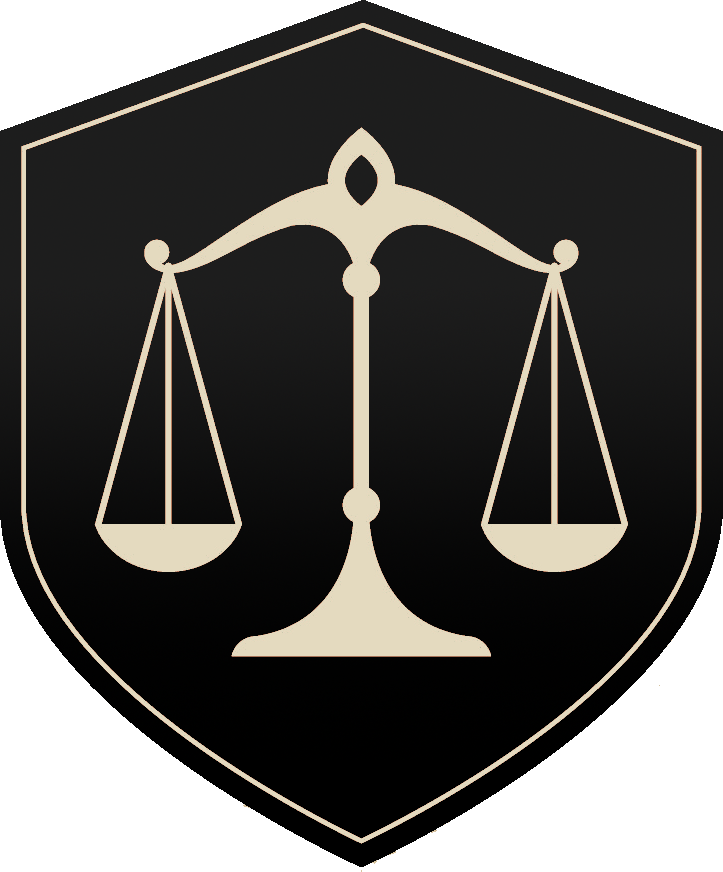 Black shield with a cream-colored scale, representing justice.