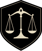 Black shield with a cream-colored scale, symbolizing justice.