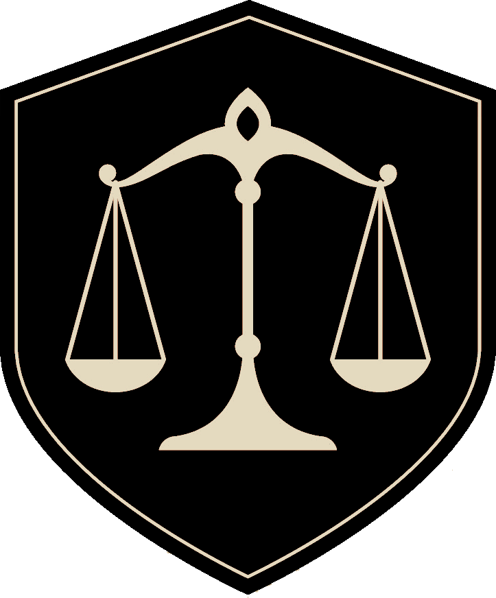 Black shield with a cream-colored scale, symbolizing justice.
